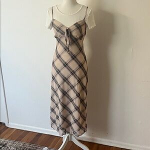 Beige Plaid Slip Dress with Tie Front, includes T shirt